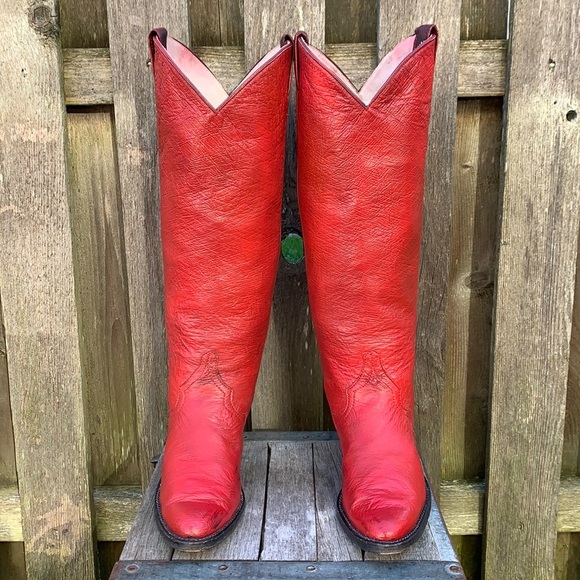 LARRY MAHAN VTG Ostrich Exotic Tall Knee High Red Painted Cowboy Western Boots - Picture 5 of 13